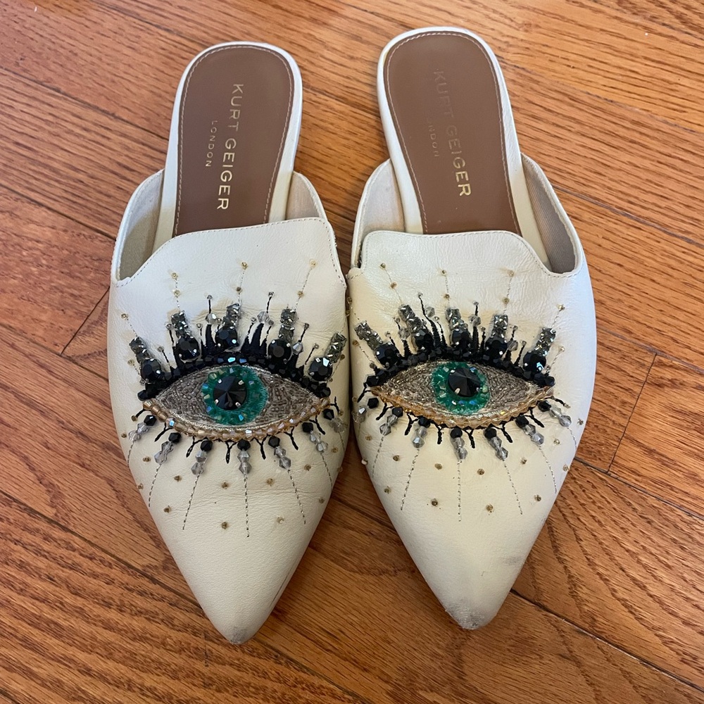 Kurt Geiger Cream Print Eye Embellished Mules